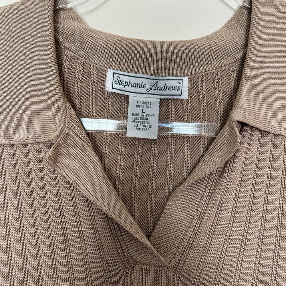 Stephanie Andrews Silk Knit Shell Polo Sleeveless Top Taupe Beige Size Large - Picture 2 of 6